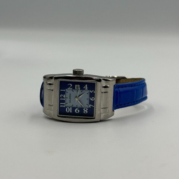 3/$30 Rousseau Watch Silver Tone Date Window Blue Leather Band New Battery 9" - Picture 6 of 14